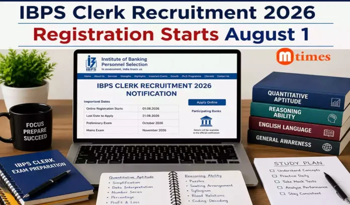 IBPS Clerk Recruitment 2026 notification displayed on a laptop with banking exam preparation materials.