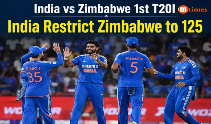 India's fast bowlers celebrate after restricting Zimbabwe to 125 for 7 in the first T20I