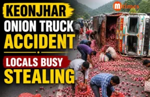 An onion-laden truck overturned on NH-49 near Juda Ghati in Kendujhar. The driver escaped unhurt while locals gathered spilled onions.