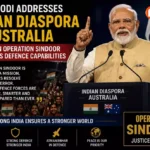 Prime Minister Narendra Modi addressing the Indian diaspora in Australia while speaking about Operation Sindoor and India's defence capabilities.