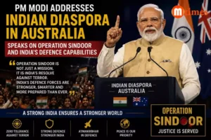 Prime Minister Narendra Modi addressing the Indian diaspora in Australia while speaking about Operation Sindoor and India's defence capabilities.