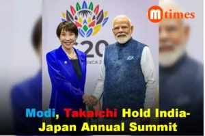 Prime Minister Narendra Modi welcoming Japanese Prime Minister Sanae Takaichi during her official visit to New Delhi