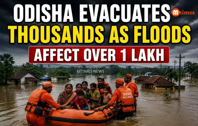 Rescue teams evacuating residents from flood-affected villages in north Odisha amid rising river levels.