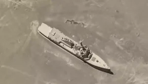 Satellite imagery showing a full-scale replica of a US Arleigh Burke-class destroyer at China's Ruoqiang Test Range.