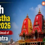Servitors performing Rath Pratistha Puja for the three sacred chariots before Jagannath Rath Yatra 2026 in Puri.