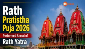 Servitors performing Rath Pratistha Puja for the three sacred chariots before Jagannath Rath Yatra 2026 in Puri.