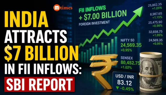 Stock market display showing foreign investment inflows and the Indian rupee against the US dollar. Stock market display showing foreign investment inflows and the Indian rupee against the US dollar.