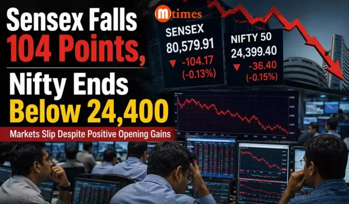 Traders monitoring stock market movements as Sensex and Nifty closed lower despite positive opening gains. Traders monitoring stock market movements as Sensex and Nifty closed lower despite positive opening gains.