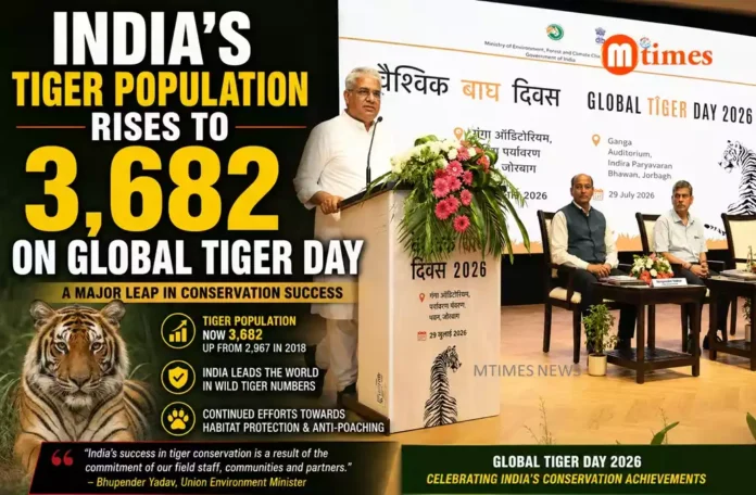 Union Environment Minister Bhupender Yadav addressing the Global Tiger Day 2026 celebrations in New Delhi.