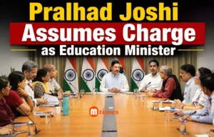 Union Minister Pralhad Joshi chairing a review meeting after assuming charge of the Ministry of Education.