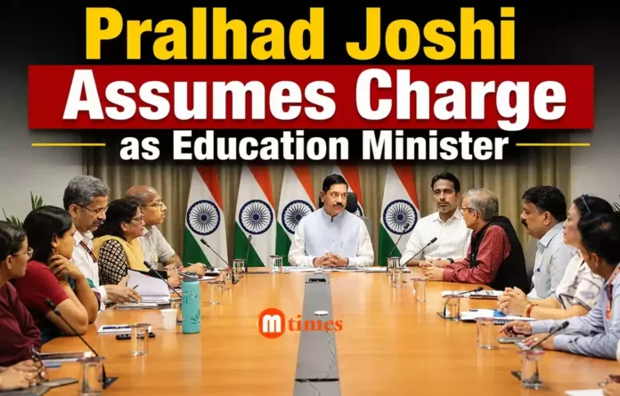 Union Minister Pralhad Joshi chairing a review meeting after assuming charge of the Ministry of Education.