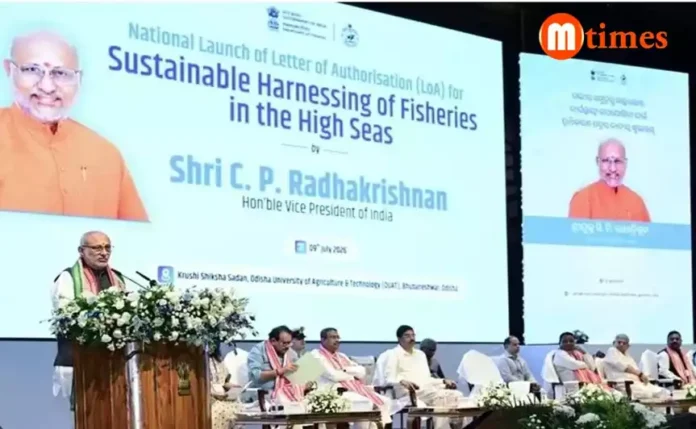 Vice-President C.P. Radhakrishnan launching the High Seas Fisheries Programme and distributing Letters of Authorisation in Bhubaneswar.