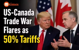 Donald Trump and Mark Carney amid escalating US Canada trade war and new tariffs