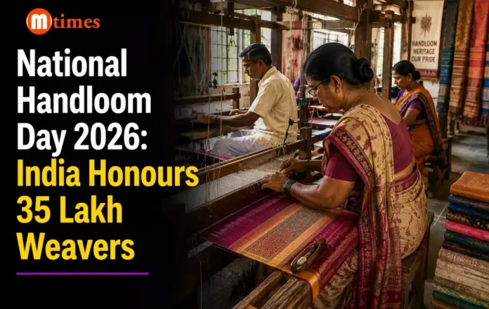 Indian handloom weavers working on traditional looms ahead of National Handloom Day 2026.