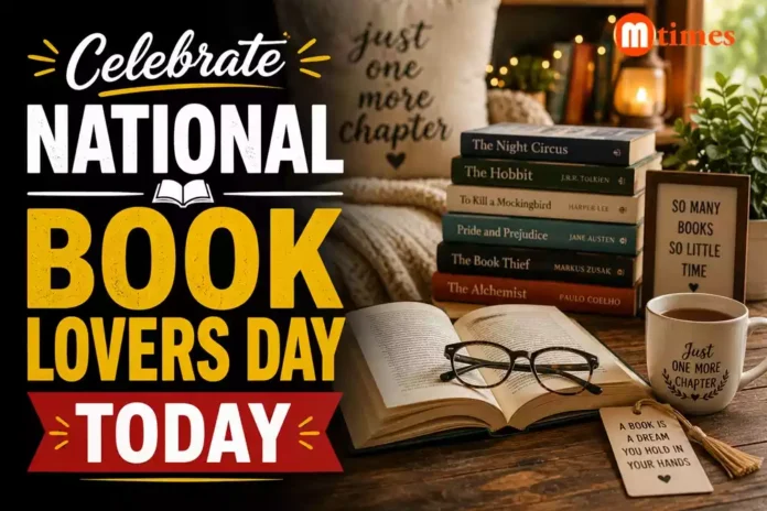 National Book Lovers Day 2026 celebration with books, reading glasses and a cozy reading space National Book Lovers Day 2026 celebration with books, reading glasses and a cozy reading space