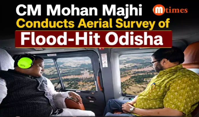 Odisha Chief Minister Mohan Charan Majhi conducting an aerial survey of flood-affected areas in the state.