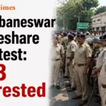 Police personnel deployed during rideshare drivers protest near Master Canteen in Bhubaneswar