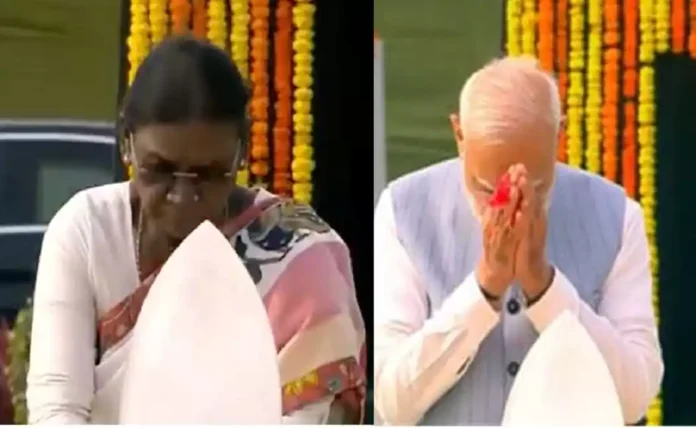 President Droupadi Murmu, PM Narendra Modi and dignitaries paying tribute to Atal Bihari Vajpayee at Sadaiv Atal President Droupadi Murmu, PM Narendra Modi and dignitaries paying tribute to Atal Bihari Vajpayee at Sadaiv Atal