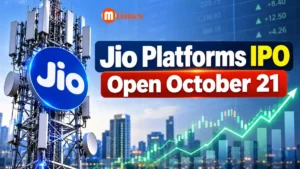 Jio Platforms IPO news graphic featuring telecommunications and digital connectivity imagery.