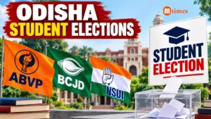 Students at a university campus in Odisha during student election coverage.