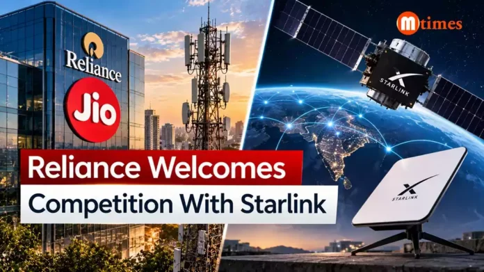 RELIANCE WELCOMES STARLINK Reliance Jio and Starlink satellite internet imagery illustrating competition in India's communications market.