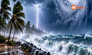 Dark storm clouds and rough sea representing the Cyclone Arnab alert along the Odisha coast.