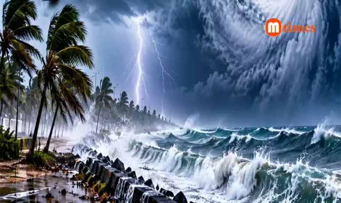 Dark storm clouds and rough sea representing the Cyclone Arnab alert along the Odisha coast.