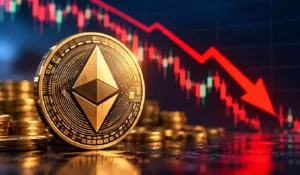 Ethereum cryptocurrency logo representing the decline in Ether prices and market uncertainty