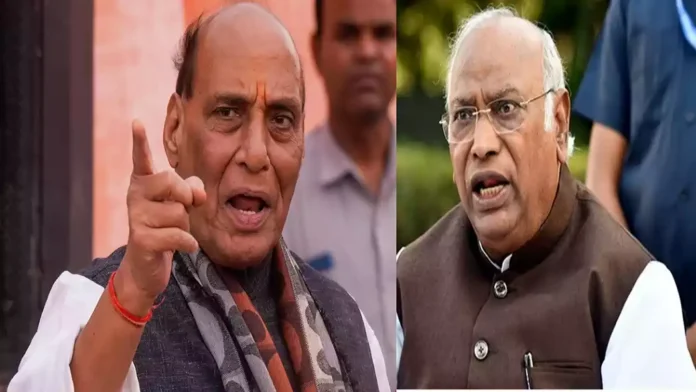 rajnath-singh-kharge-modi-remarks Rajnath Singh and Mallikarjun Kharge amid a political controversy over remarks concerning Narendra Modi’s late father.